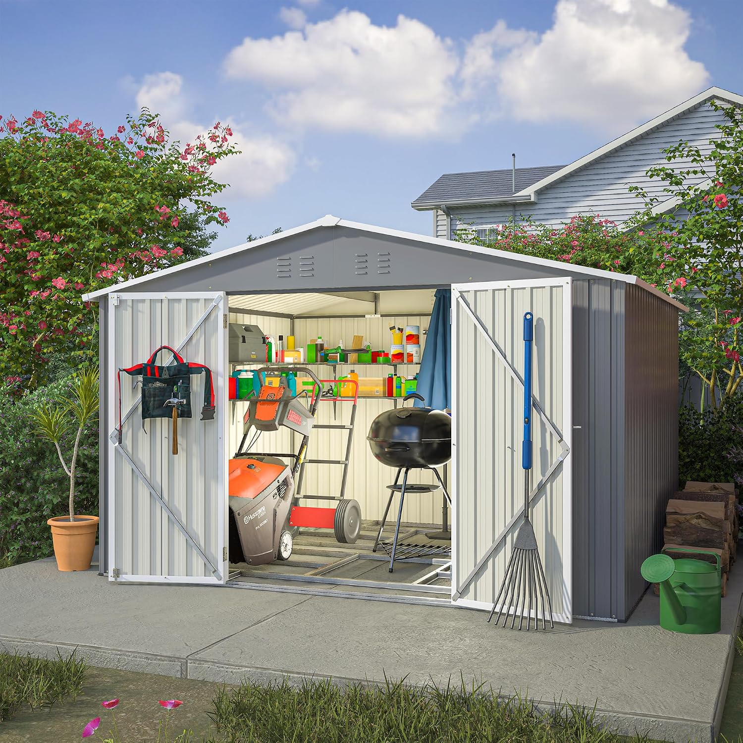8x10 FT Outdoor Storage Shed, Metal Garden Shed with Frame Floor, Outside Tool Shed with Lockable Hinged Doors, Waterproof Storage Building with Sloped Roof for Backyard, Patio, Lawn, Gray