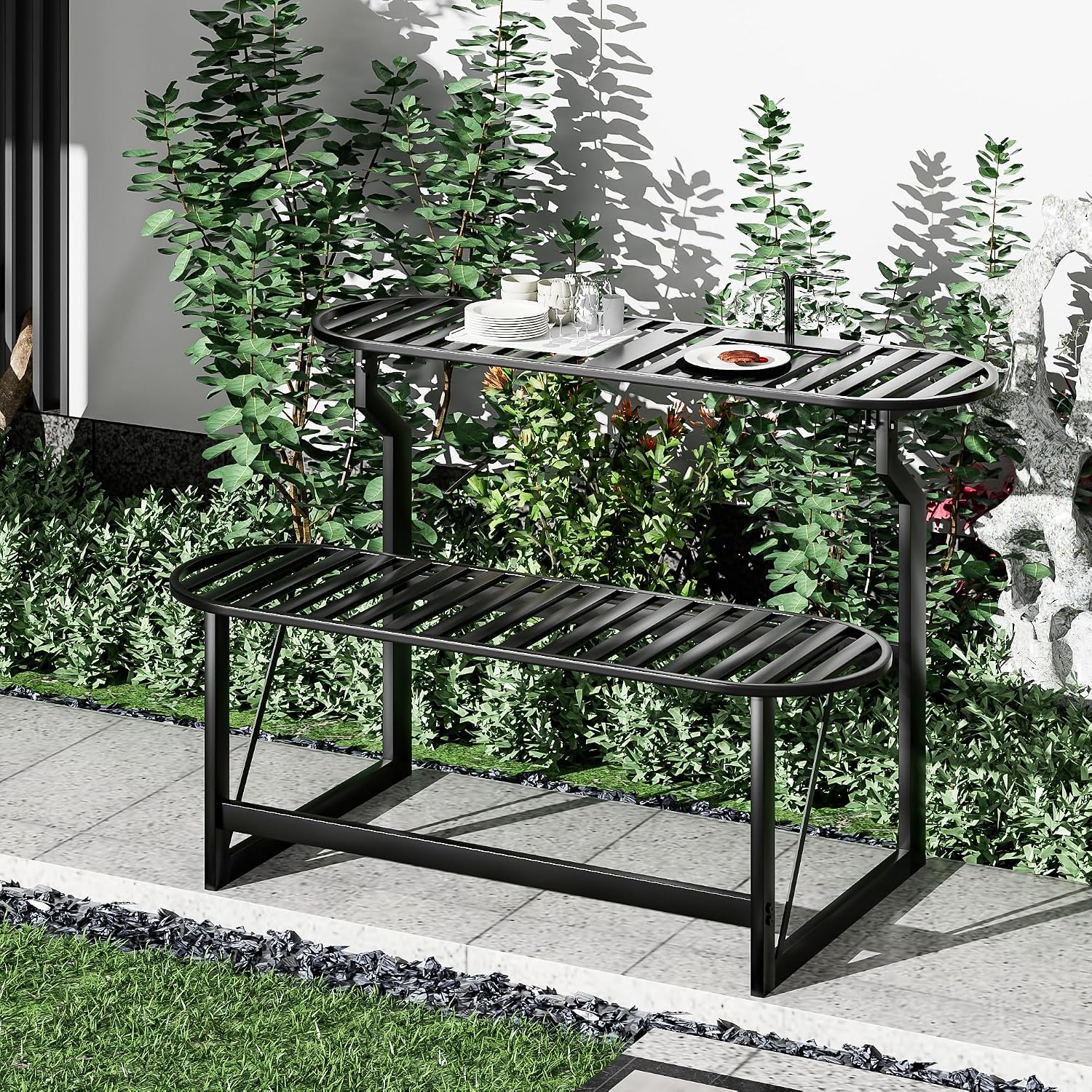 Convertible Bench, 2 in 1 Carbon Steel Picnic Table, Transforming Interchangeable Outdoor Table with Umbrella Hole, for Outside Patio Porch Backyard Park Garden 1 Pack Black Bench