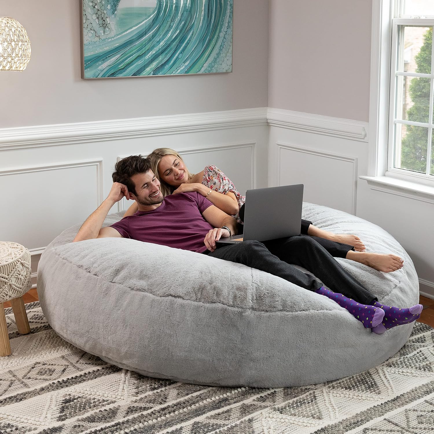 Jaxx 6 Foot Cocoon - 2-in-1 Convertible Bean Bag Bed & Large Bean Bag Chair for Adults - Premium Faux Fur, Silver Rabbit
