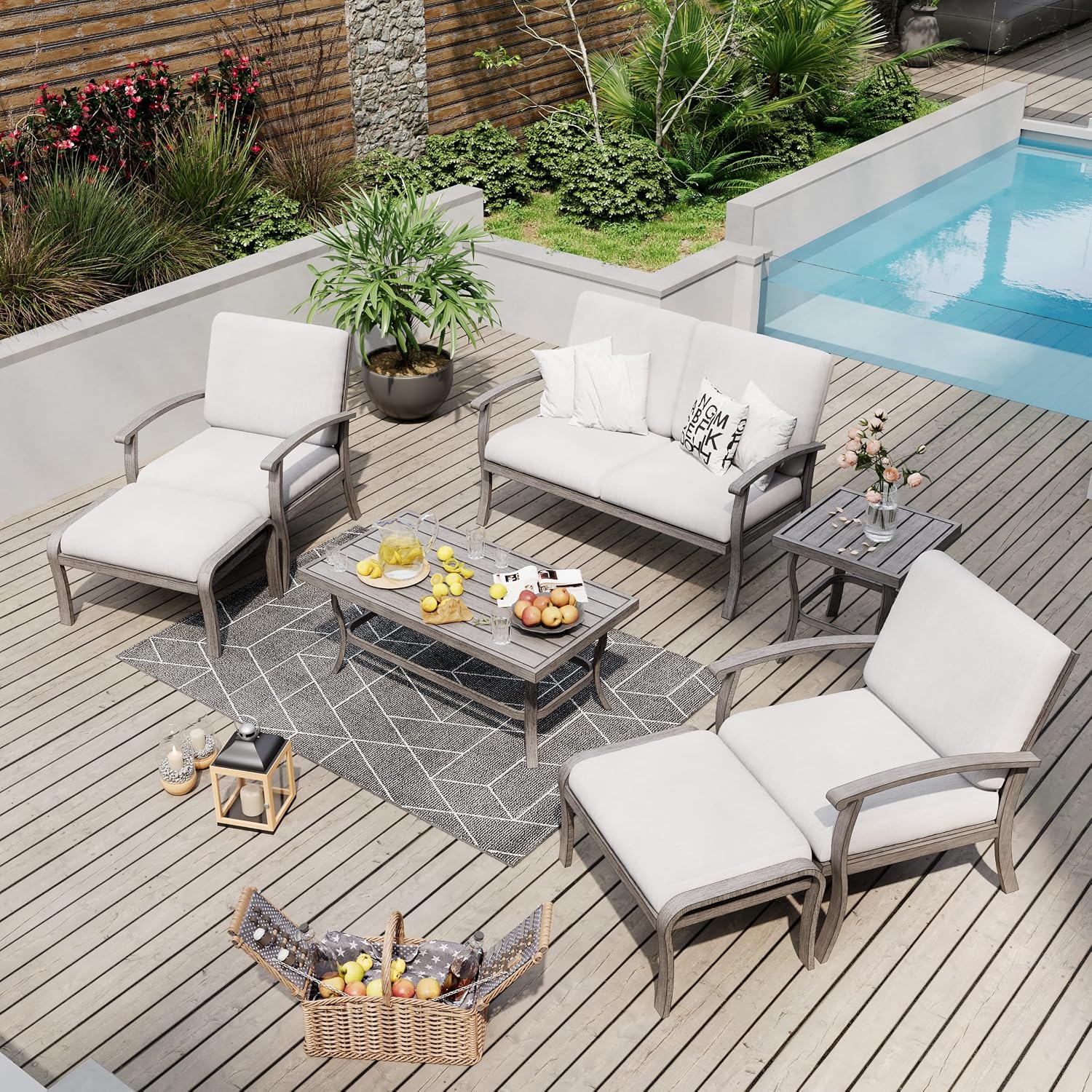HAPPATIO 7 Piece Aluminum Patio Furniture Set, Outdoor Armchairs with Ottomans and Loveseat, Outdoor Sectional Sofa with Side Table and Coffee Table, Garden Conversation Set for Lawn(Gray)