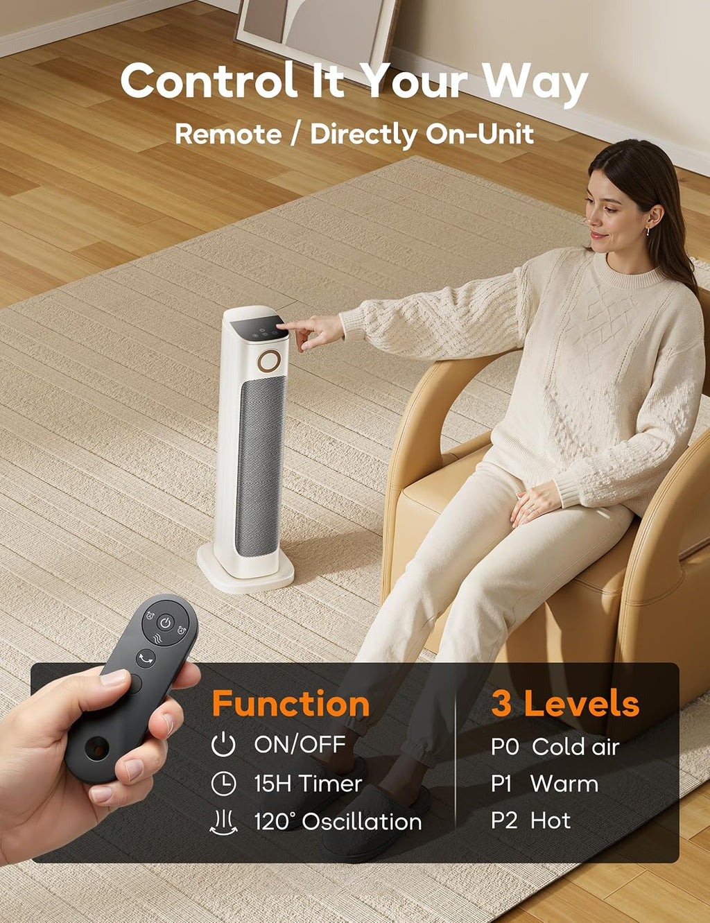 25' Patio Heater And Fan Combo for Indoor Use, 1500W Tower Portable Electric Space Outdoor with Remote,Infrared Heater, 15H Timer, Oscillation, Quiet, for Garage, Room, Office, White