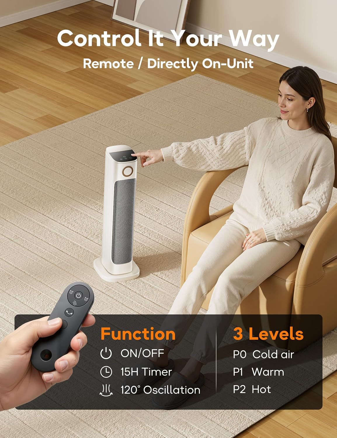 25' Patio Heater And Fan Combo for Indoor Use, 1500W Tower Portable Electric Space Outdoor with Remote,Infrared Heater, 15H Timer, Oscillation, Quiet, for Garage, Room, Office, White
