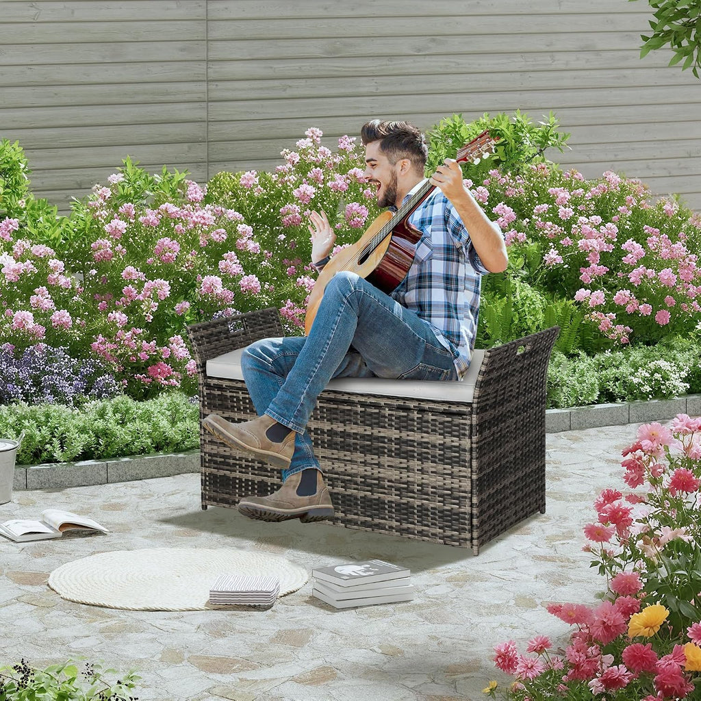 90 Gallon Patio Storage Bench, Outdoor Wicker Deck Box with Cushion, PE Rattan Box with Handles (Grey)