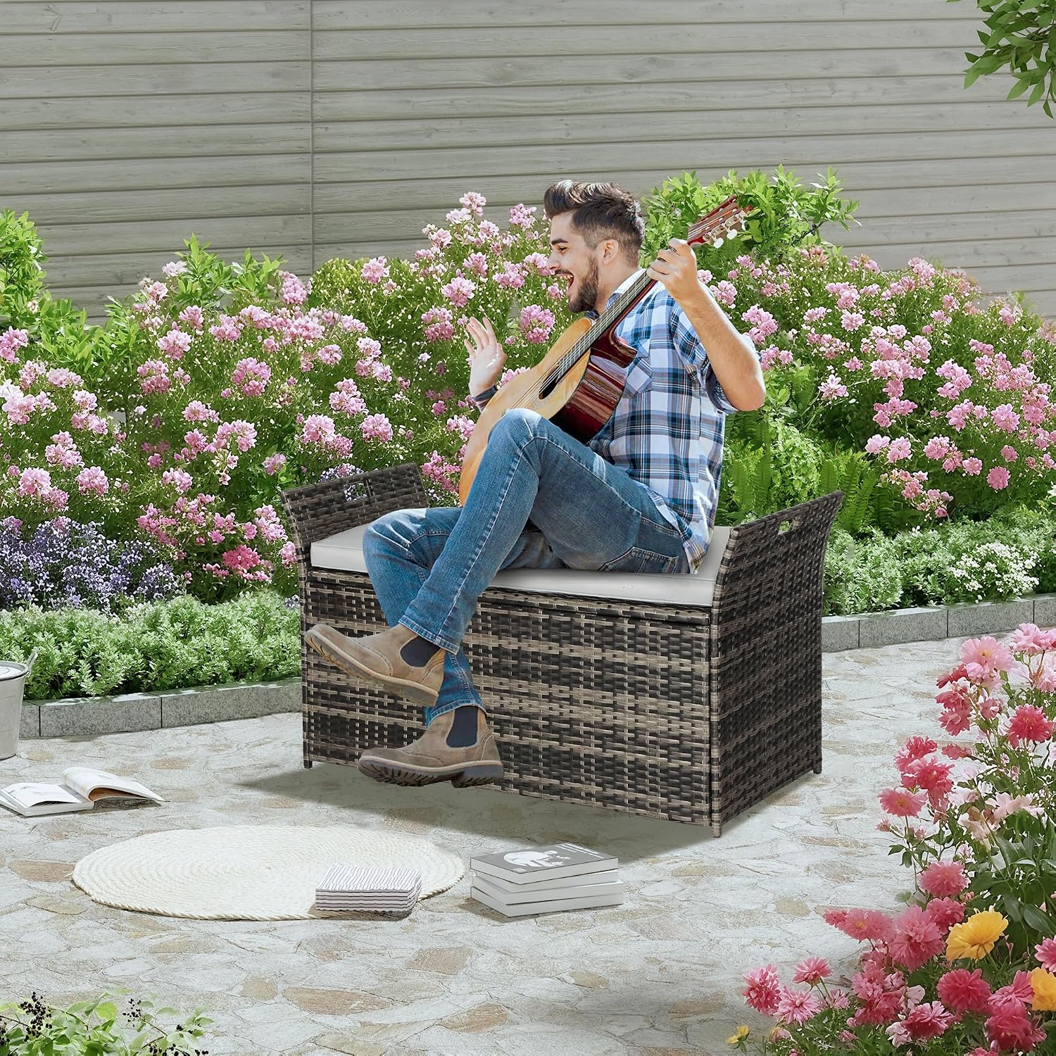 90 Gallon Patio Storage Bench, Outdoor Wicker Deck Box with Cushion, PE Rattan Box with Handles (Grey)