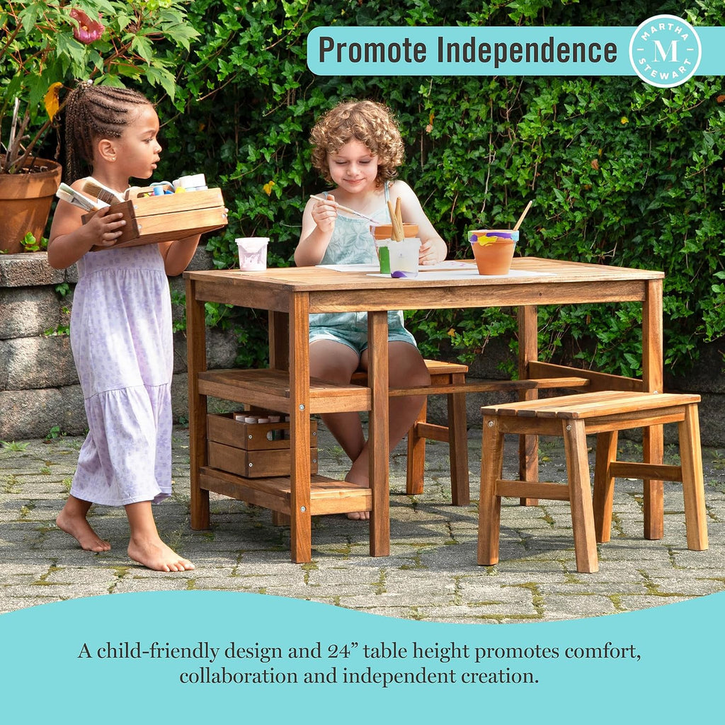 Martha Stewart Kids Outdoor Craft Table, Benches & Umbrella Set: Acacia Wood Activity Desk w/Crate, Caddy, Storage Shelves | Kids Play & Picnic Table w/Benches & Umbrella for Backyard, Patio, Garden
