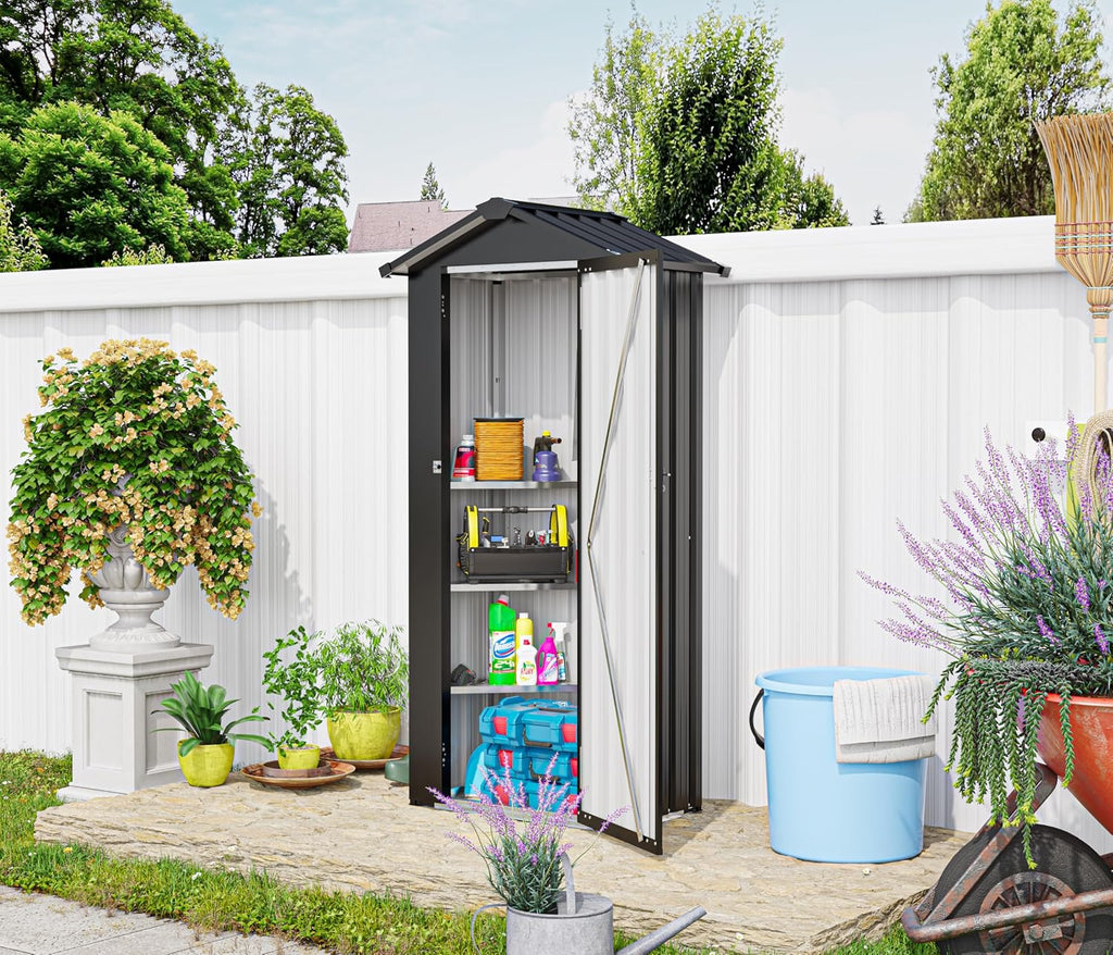 KEIKI Outdoor Metal Storage Shed 2.5' x 1.4', Lockable Tool Cabinet with Sloping Roof, Small Vertical Garden Storage for Backyard, Patio, Lawn, Black