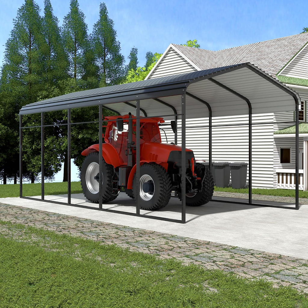 Xilingol Metal Carport, Heavy Duty Carport Canopy with Galvanized Steel Frame and Roof, Outdoor Storage Shed, Car Tent Garage Shelter for Pickup, Truck, Boat and Tractor (12x25 FT Black)