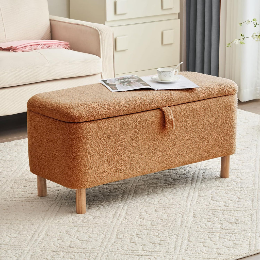 Storage Ottoman Bench for Bedroom End of Bed, Boucle Upholstered Padded Storage Bench for Entryway Bed Foot Entryway, Sherpa Rectangle Cushion Shoe Seat Blanket Chest Cute for Living Room, Orange