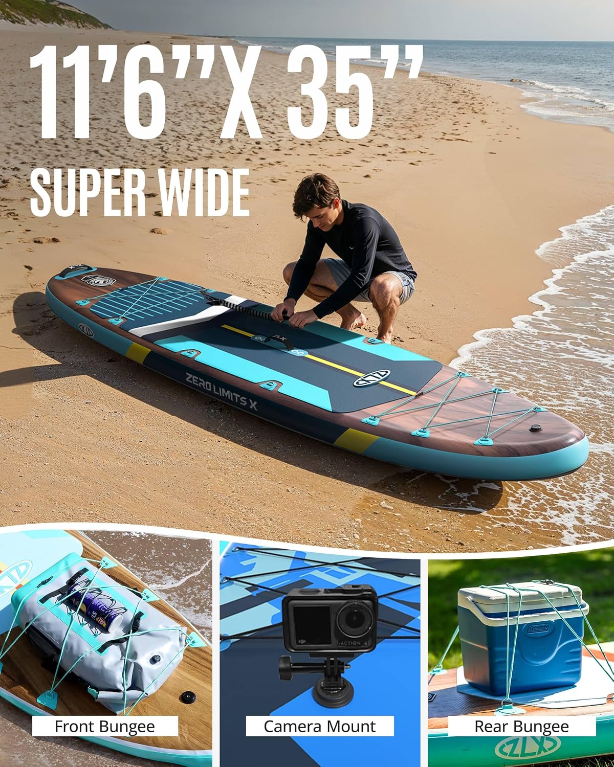 ZLX 11'6'x35' Ultra Wide Inflatable Stand Up Paddle Board | Stable Non-Slip Deck Pad, Unique Fin System, Premium SUP Accessories & Backpack - Upgraded Pump for Adults, All Skill Levels