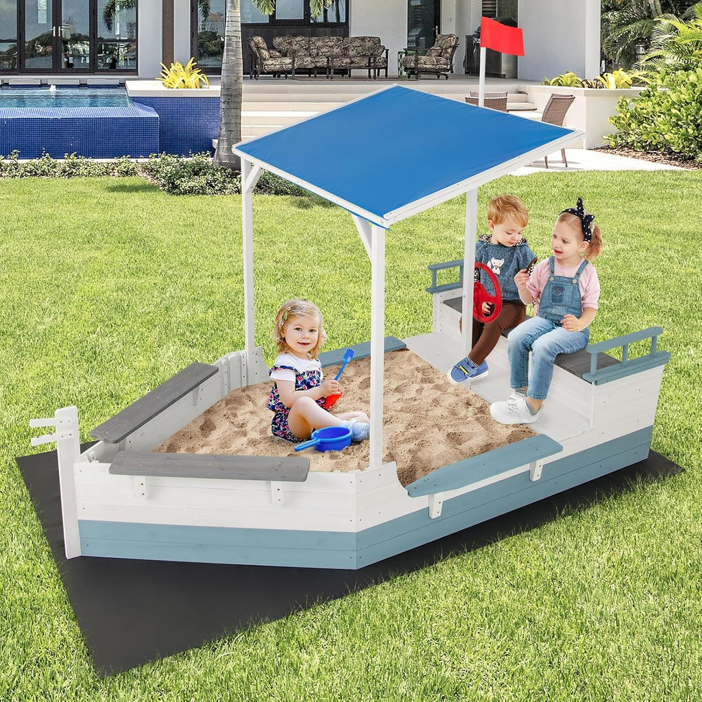 Costzon Pirate Ship Sandbox with Canopy, Fir Wood Boat Sand Box w/Flag, Rudder, Bench Seats and Storage Compartments for Backyard Beach, Outdoor Sand Pit for Kids 3-8 Years Old