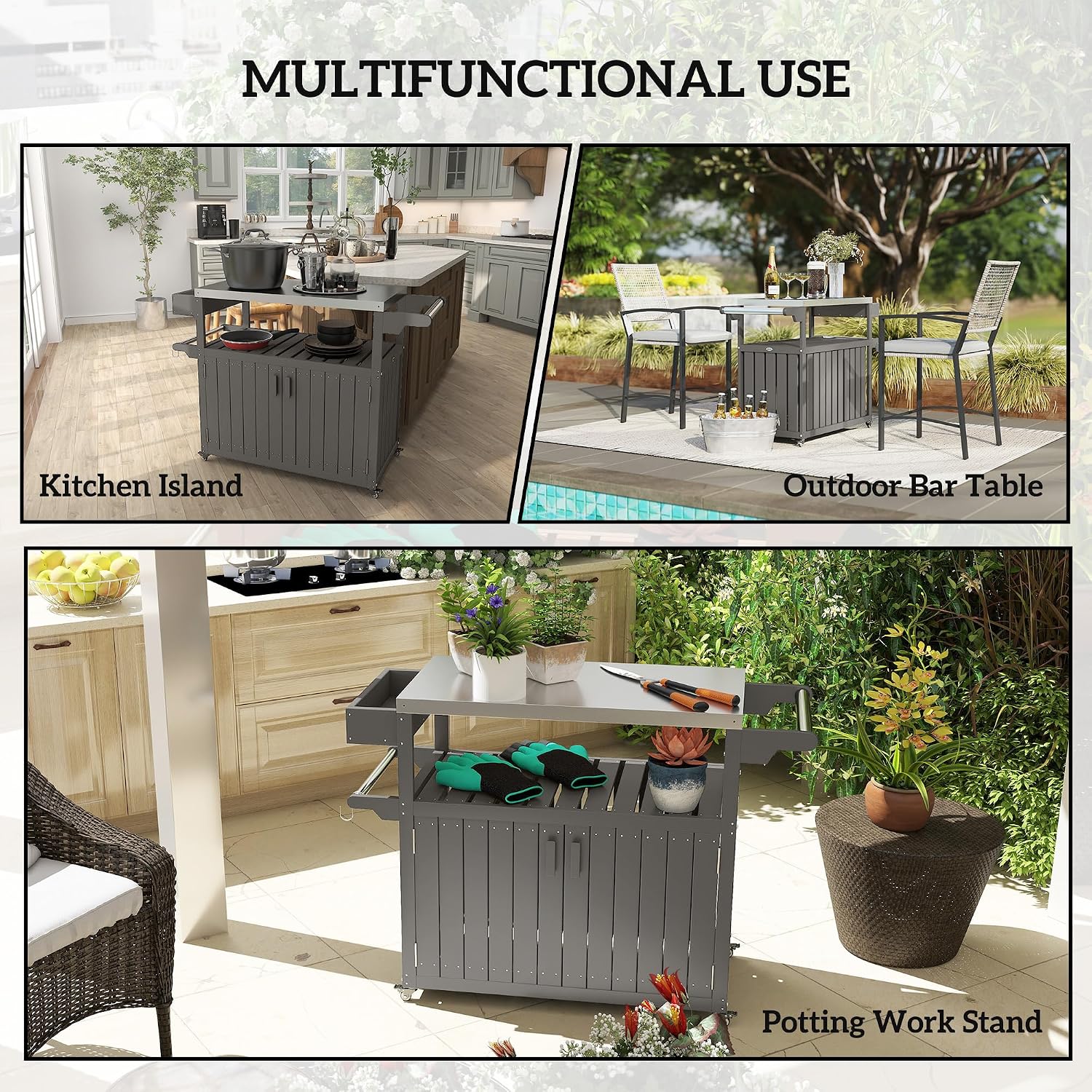 Outsunny Outdoor Bar Cart with Storage Cabinet, Stainless Steel Top Kitchen Island on Wheels, HDPE Outdoor Bar Table, Movable Patio Beverage Food Prep Table for BBQ Picnic, Dark Gray