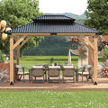 Outdoor Wooden Gazebo - Outdoor Patio Gazebo with Galvanized Steel Double Roof, Cedar Wooden Frame Pavilion, Pergolas for Garden, Lawn, Poolside (10X12FT)