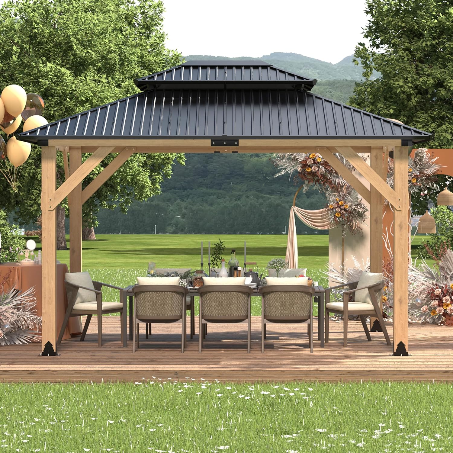 Outdoor Wooden Gazebo - Outdoor Patio Gazebo with Galvanized Steel Double Roof, Cedar Wooden Frame Pavilion, Pergolas for Garden, Lawn, Poolside (10X12FT)