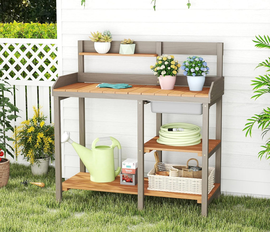 Wooden Potting Bench Table with Sink, Outdoor Garden Table Work Bench with Shelf, Workstation for Outside Patio Lawn