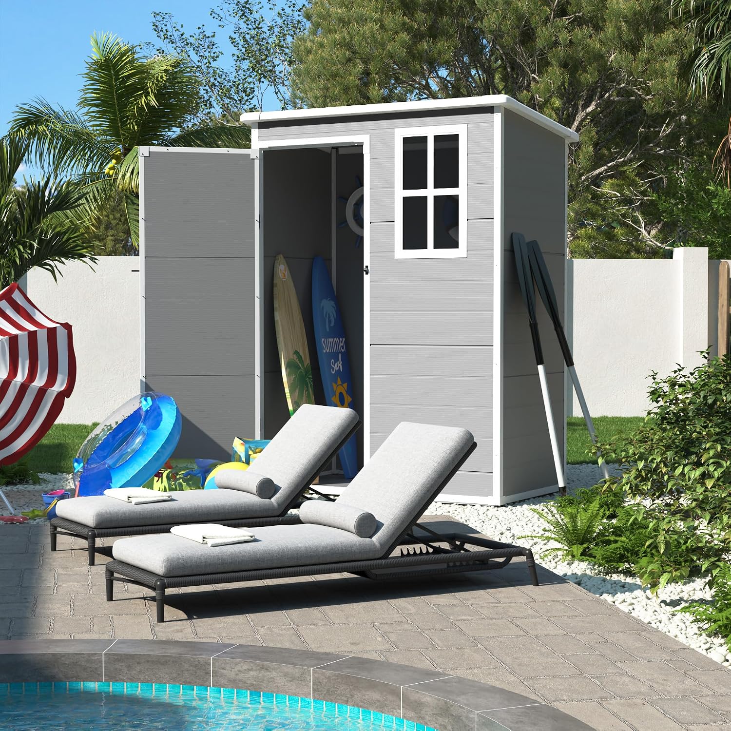 UDPATIO Outdoor Storage Shed 5x3 FT, Plastic Garden Shed for Bike, Garbage Can, Tool, Outside Sheds & Outdoor Resin Shed with Lockable Door for Backyard, Patio, Lawn, Grey & White