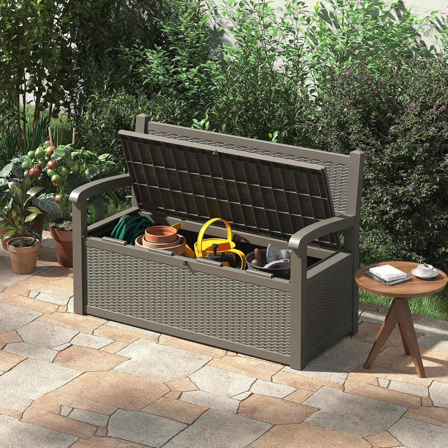70 Gallon Lockable Outdoor Storage Bench with Armrests | Waterproof Resin Deck Box for Porch, Patio, Pool | Easy to Assemble & Clean - Gray