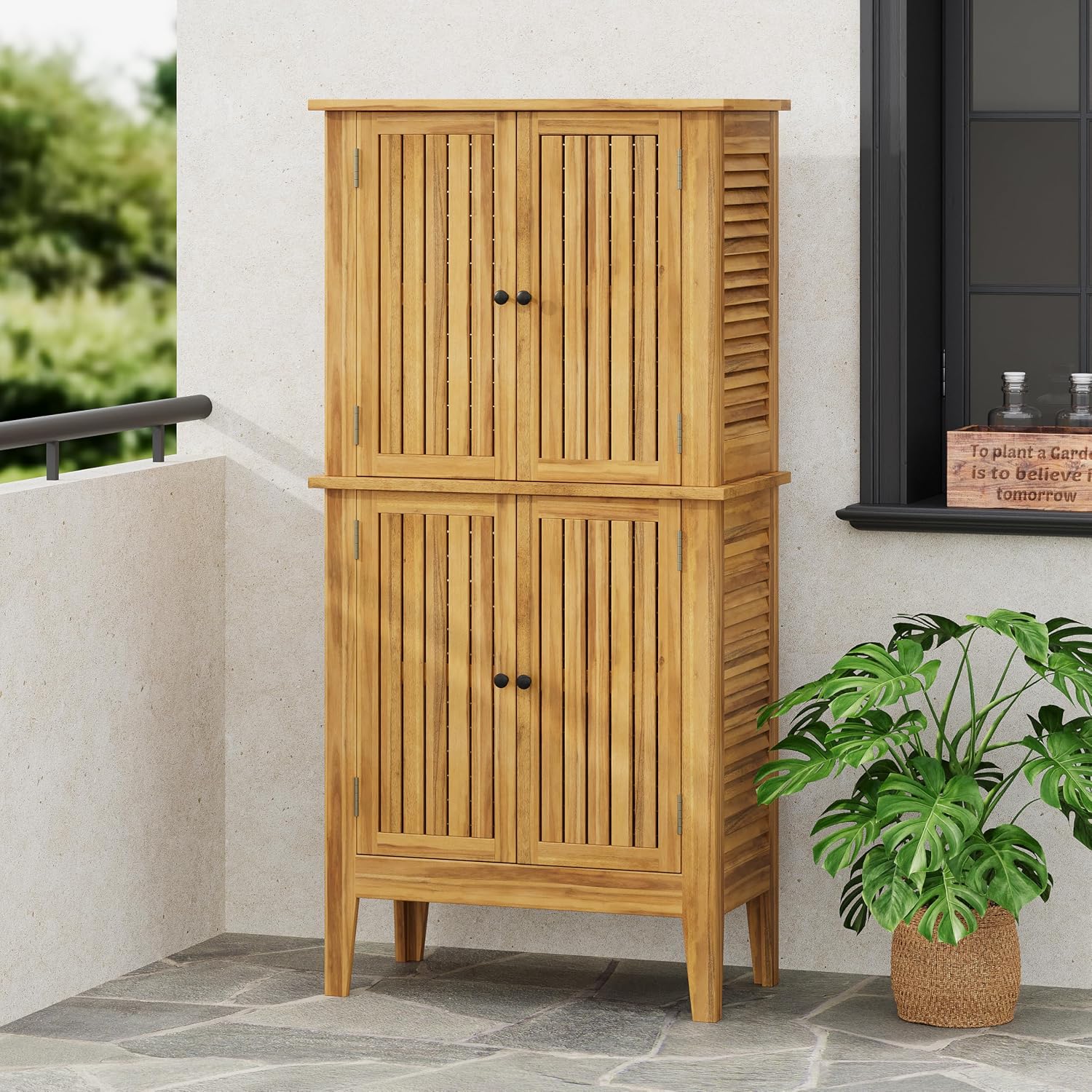 Christopher Knight Home Dessa Outdoor Cabinet, Acacia Wood Storage Cabinet, Garden Stool Shed with 4 Shelves, Tools Organizer with 2 Doors for Backyard Garden Balcony, 61.80' Tall Storage Shed, Teak