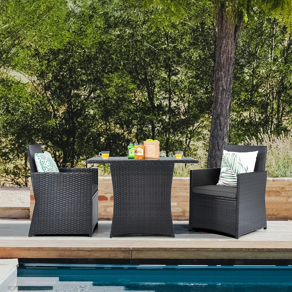 DORTALA Wicker Patio Bistro Set 3 Piece, Outdoor Table and Chairs with Tempered Glass Tabletop, Cushions, Small Rattan Furniture Conversation Sofa Set for Balcony, Porch, Backyard, Deck, Grey