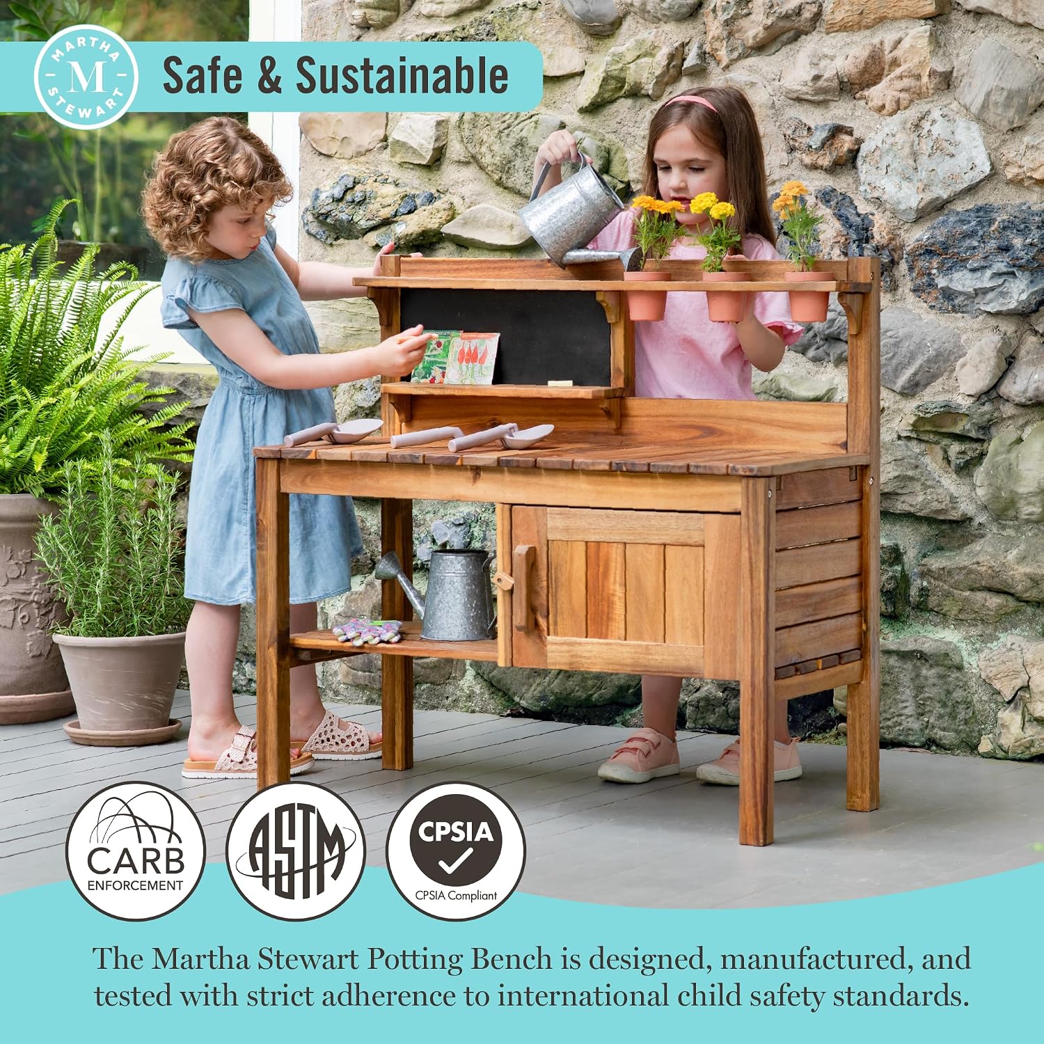 Martha Stewart Kids' Outdoor Potting Bench: Wooden Mud Kitchen Playset w/Pots, Gardening Tools, Chalkboard, Removable Sink | Kids' Pretend Play Furniture, Sensory Mud Table w/Storage for Backyard