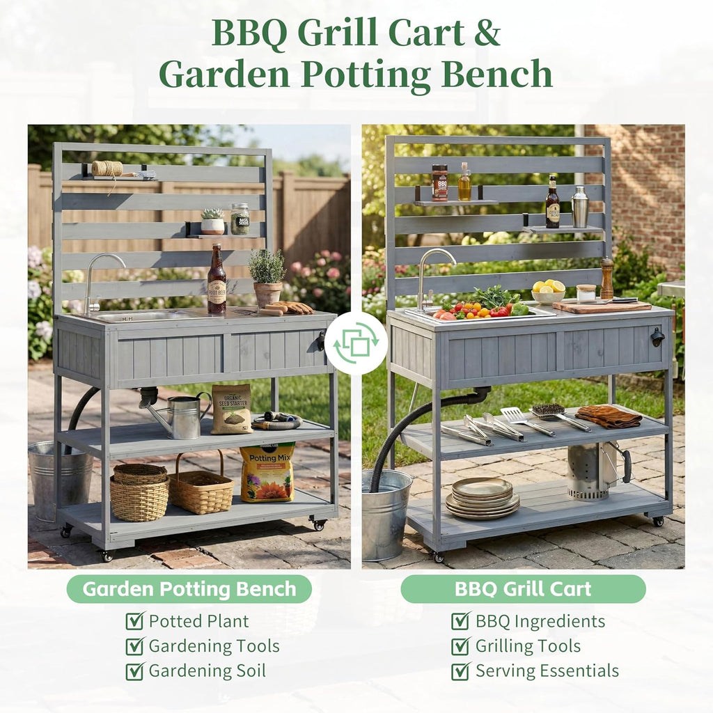 LUMISOL Garden Potting Bench Table with Stainless Table Top, Outdoor Rolling Kitchen Cart with Sink and 2 Movable Shelves, 41.7'' Large Solid Wood Garden Workstation with 1 Bottle Opener, Gray