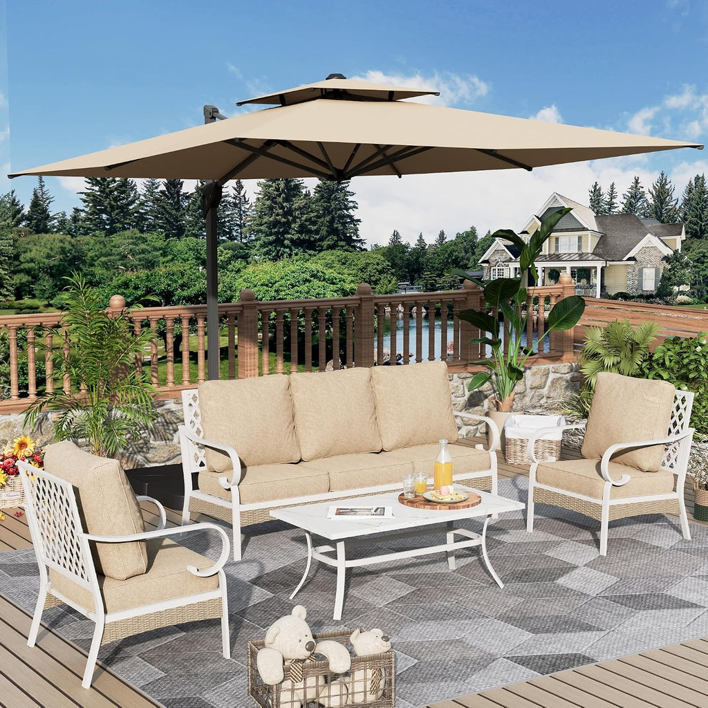 MIXPATIO 4 Piece Patio Furniture Set, 2 x Fixed Chair, 1 x 3-Seat Sofa with Marbling Coffee Table, All Cushioned 5 Seats Outdoor Conversation Set for Lawn Garden Backyard, Beige