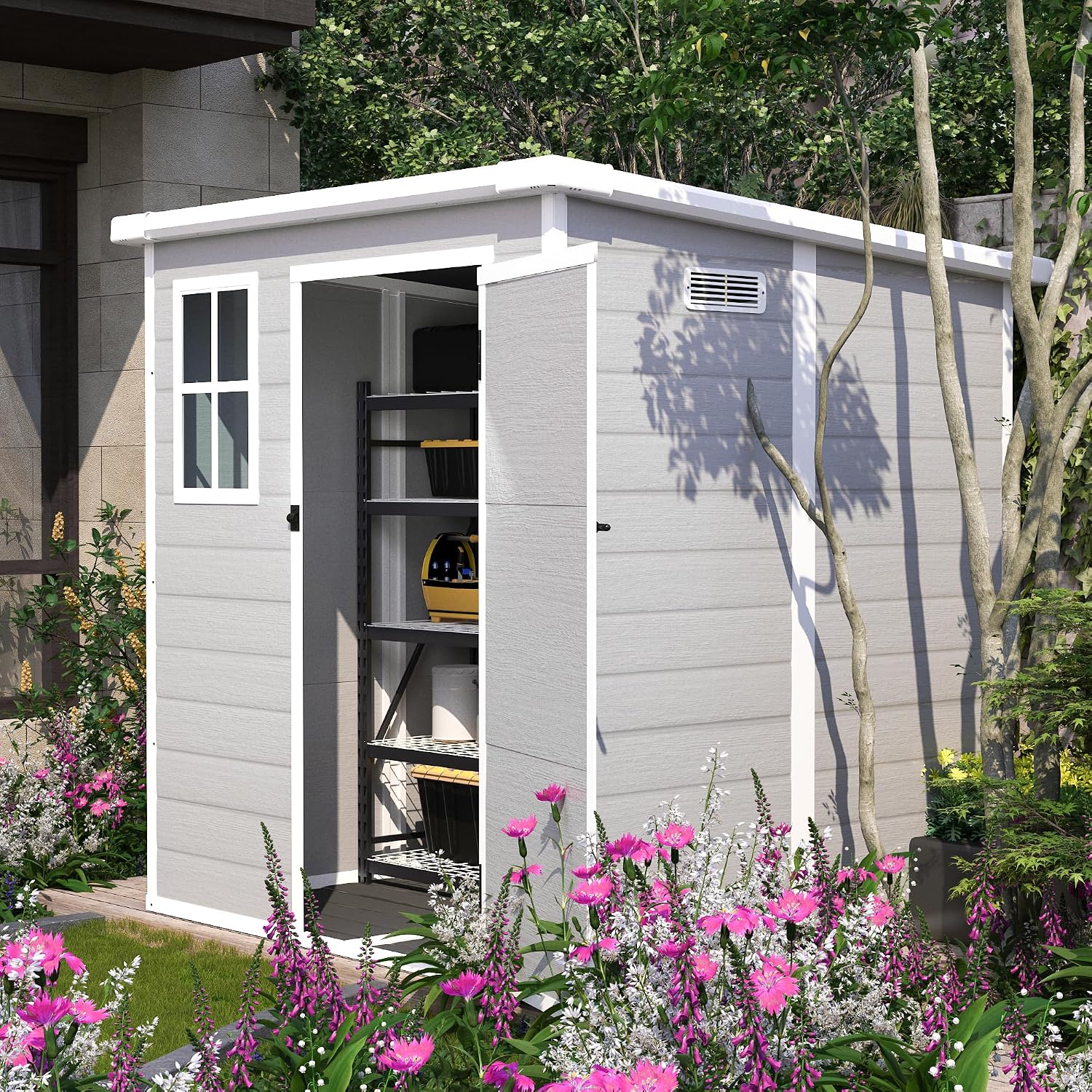 Resin Storage Shed 6x6ft Outdoor Storage Sheds with Floor & Window, Lockable Doors and Vents, Small Tool Shed with Sloped Roof, Sheds for Backyard, Garden, Patio, Lawn (Light Grey, 6 * 6ft)