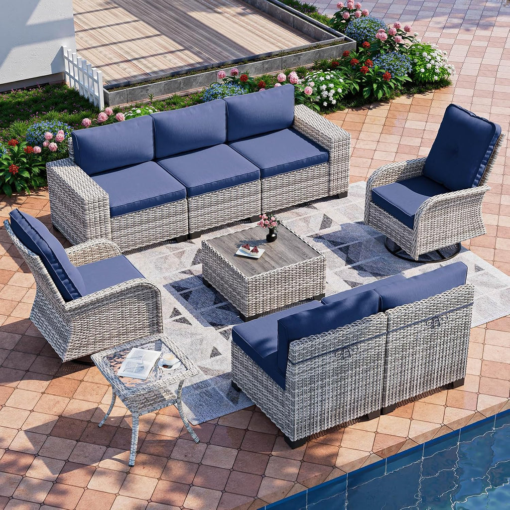 9-Piece Outdoor Patio Furniture Set with Rocking Swivel Chair Wicker Sectional Sofa Set, Patio Conversation Set with Thickened Cushions & Coffee Table for Garden, Backyard, Navy Blue