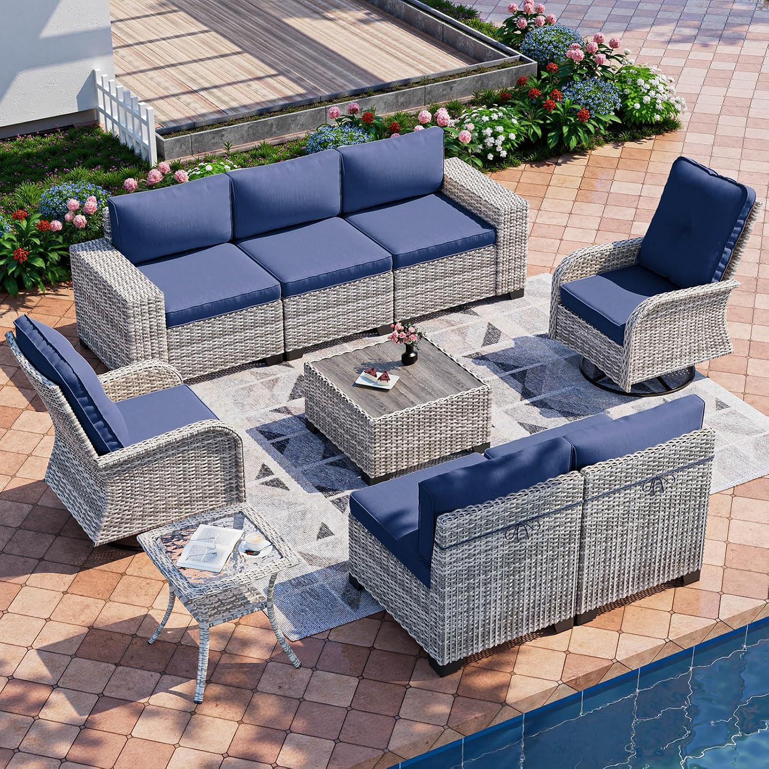 9-Piece Outdoor Patio Furniture Set with Rocking Swivel Chair Wicker Sectional Sofa Set, Patio Conversation Set with Thickened Cushions & Coffee Table for Garden, Backyard, Navy Blue