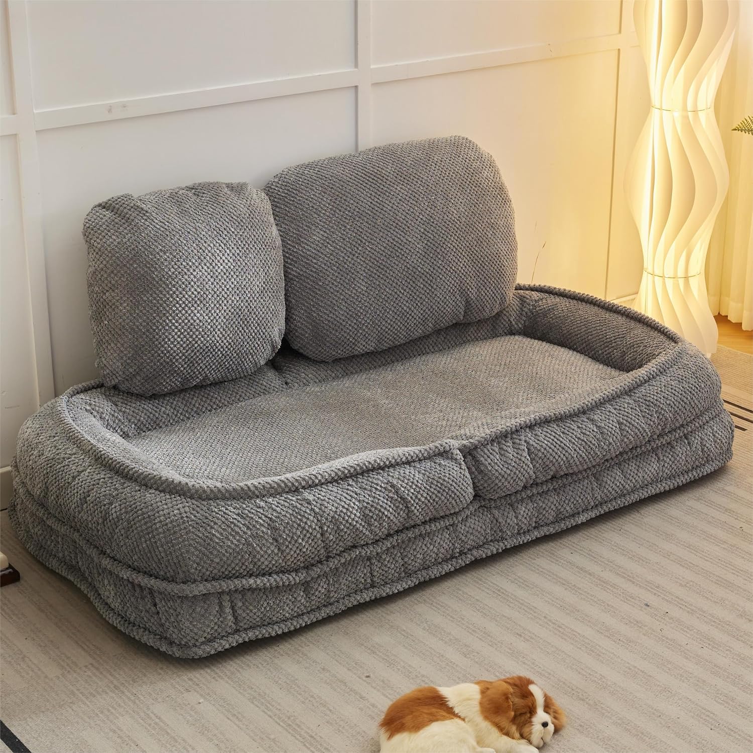 Floor Chair with Back Support, Folding Sofa Chair with 5 Adjustable Position, Plush Floor Gaming Chair, Meditation Chair for Lazy Boys, Human Dog Bed for Living Room, Lounge, Bedroom, Grey