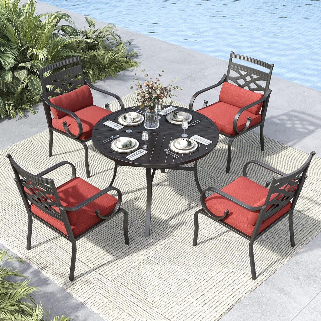 MFSTUDIO Patio Dining Sets for 4, Round Patio Table and Chairs Set with Umbrella Hole, 5 Piece Patio Furniture Set Outdoor Dining Set for Deck,(Red)