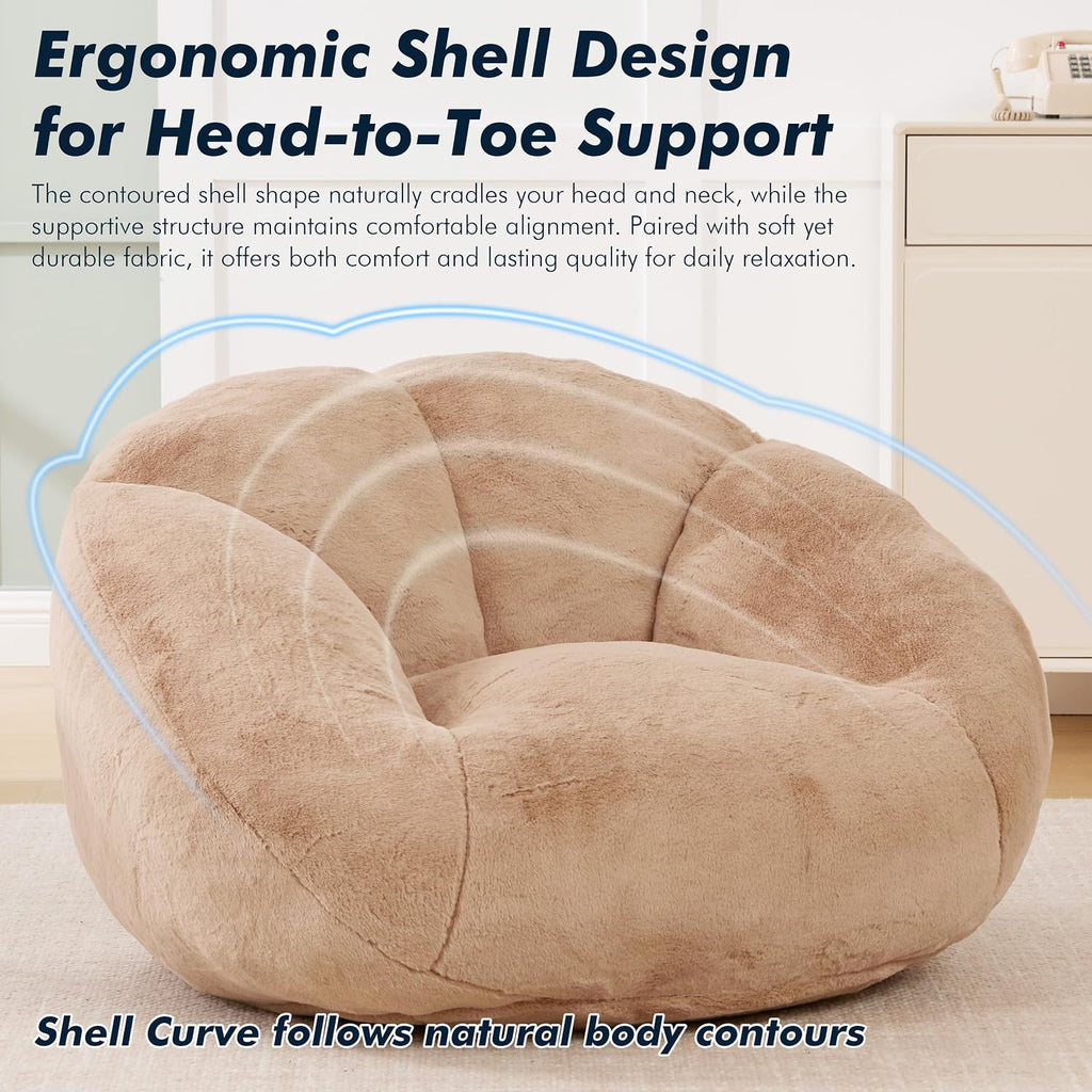 3.28 Feet Bean Bag Chair for Adults, Shell-Shaped Bean Bag Lazy Couch, Faux Fur Cloud Sofa Chair, Lounge Floor Sofa with Filler for Reading, Gaming & Watching, No Assembly Required (Camel)