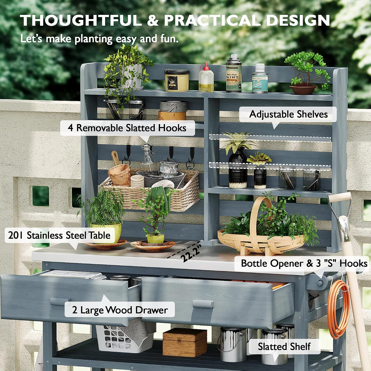H Outdoor Potting Bench Table with Lockable Wheels, Solid Wood Outdoor Kitchen Island with Upper Hutch, Stainless Steel Top, Storage for Grilling, Lawn & Garden (Grey+Blue/F, 64.9')