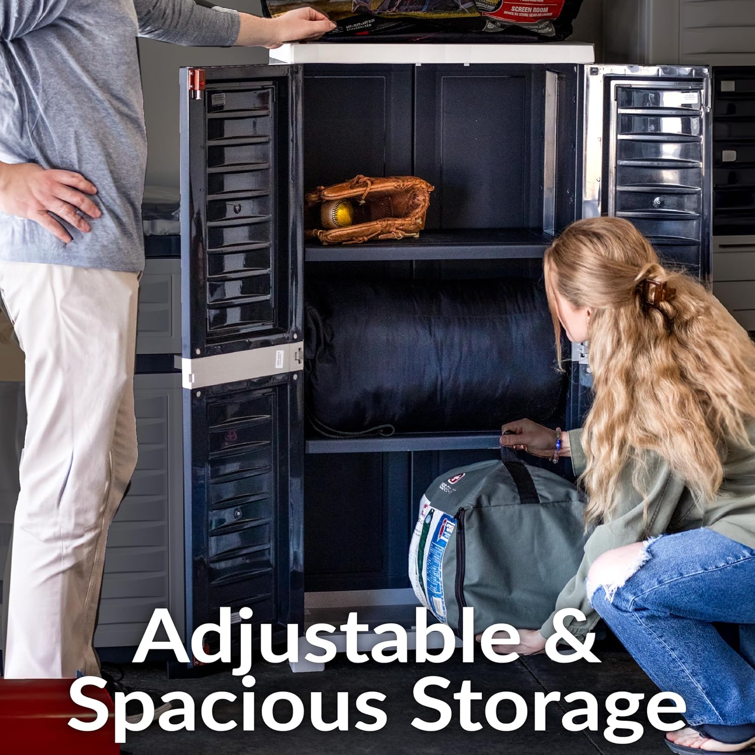 Sunnydaze 48' H Resin Garage Storage Cabinet - Garage Cabinet with Lockable Doors and 3 Adjustable Shelves - Freestanding Utility Storage for Laundry Room, Office, Basement - Charcoal
