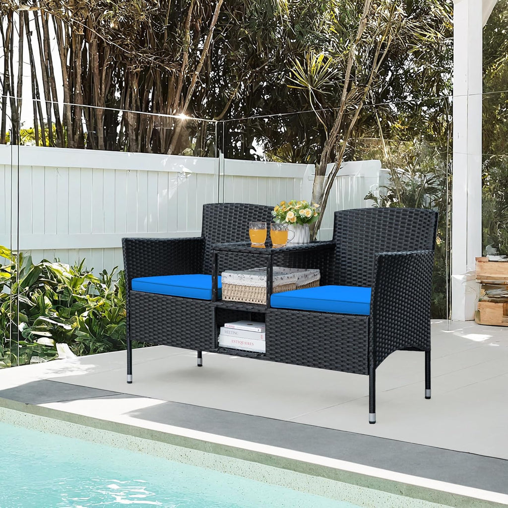Greesum Patio Loveseat Outdoor Wicker Furniture Conversation Set with Soft Cushions & Built-in Coffee Table for Lawn Garden Backyard, Blue