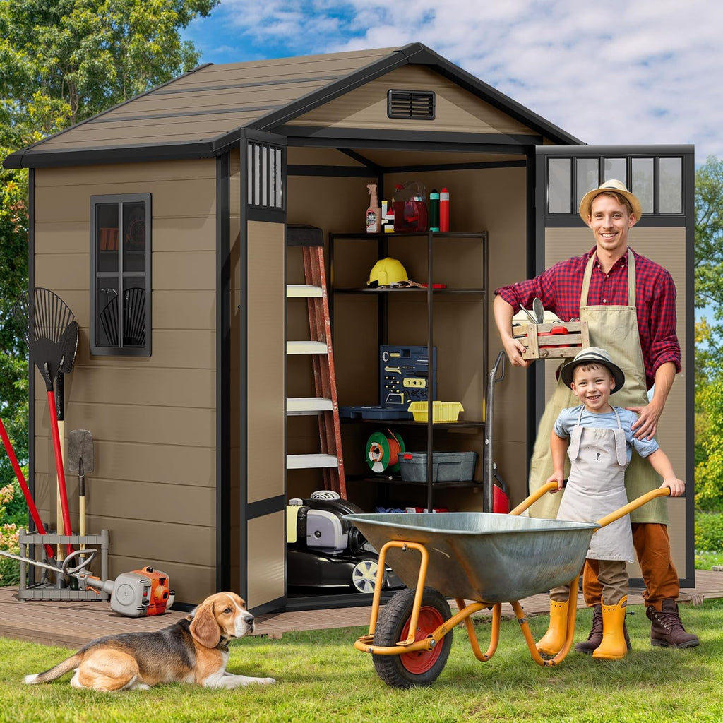DWVO 6x4.4 FT Resin Storage Shed with Fence-Style and Side Windows, Lockable Door, and Vents for Garden, Backyard, Patio, Lawn, Brown