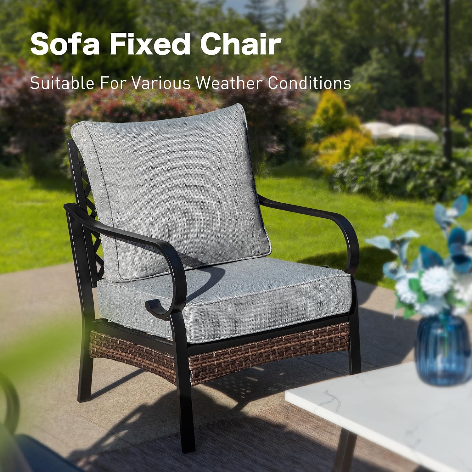 SUNSHINE VALLEY 4 Piece Black Metal Outdoor Patio Furniture Sets with Firepit Table, Patio Conversation Sets 1 3-Seater Sofa, 2 Single Sofa with 5.75' Thick Cushion Backyard Furniture for Deck, Gray