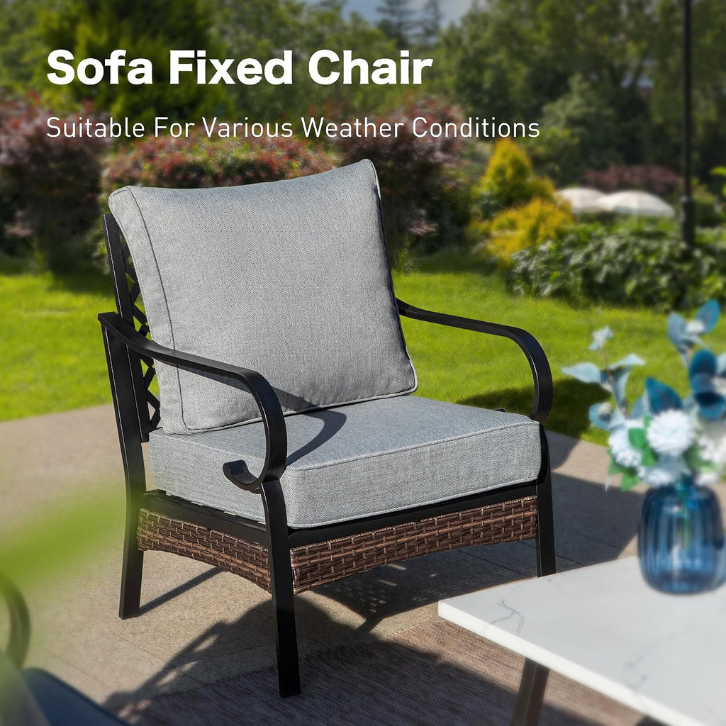 SUNSHINE VALLEY 4 Piece Metal Outdoor Patio Furniture Set, Patio Conversation Sets 1 3-Seater Sofa, 2 Chairs with 5.75' Extra Thick Cushion and Coffee Table, Black Frame Backyard Furniture, Gray