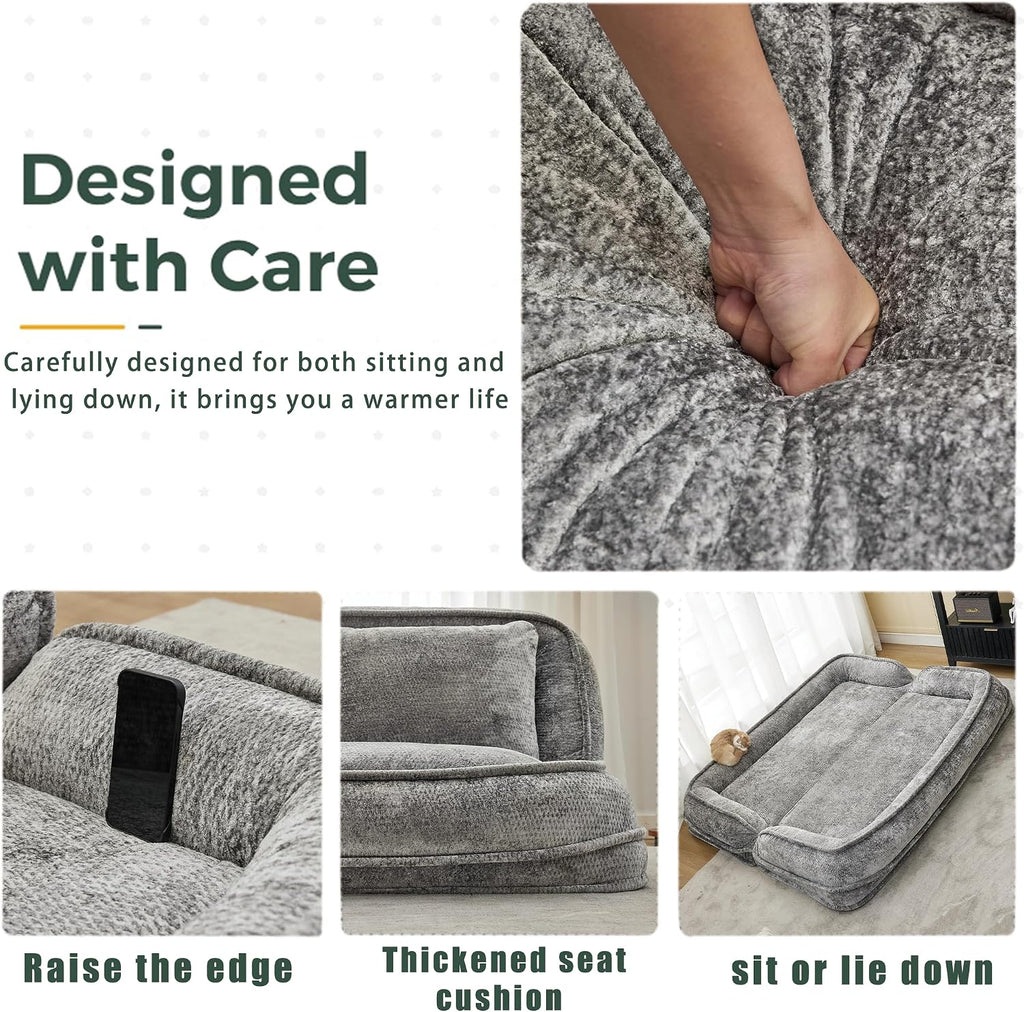 Floor Chair with Back Support, Human Dog Bed, Folding Loveseat with 5 Adjustable Position, 2 Pillows, Chenille Meditation Gaming Chair for Lazy Boys, Living Room, Lounge, Bedroom, Light Grey