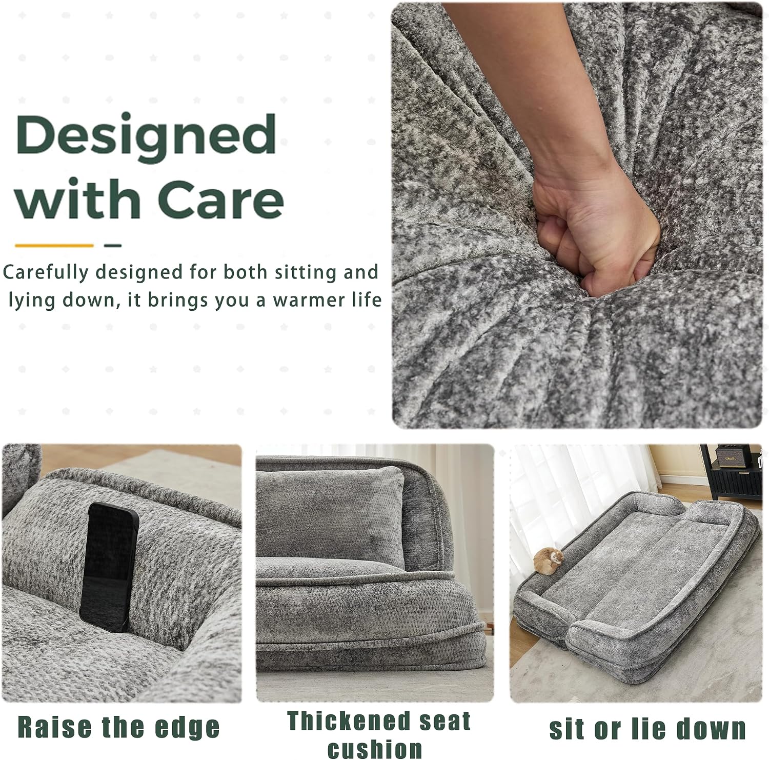 Floor Chair with Back Support, Human Dog Bed, Folding Loveseat with 5 Adjustable Position, 2 Pillows, Chenille Meditation Gaming Chair for Lazy Boys, Living Room, Lounge, Bedroom, Light Grey