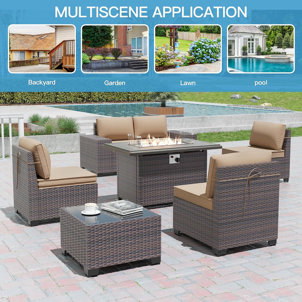 7 Pieces Outdoor Patio Furniture Set with 43'/55000BTU Gas Fire Pit Table,PE Rattan Wicker Outdoor Conversation Sofa Set Non-Slip Cushions Waterproof Covers for Backyard,Poolside,Garden,Sand