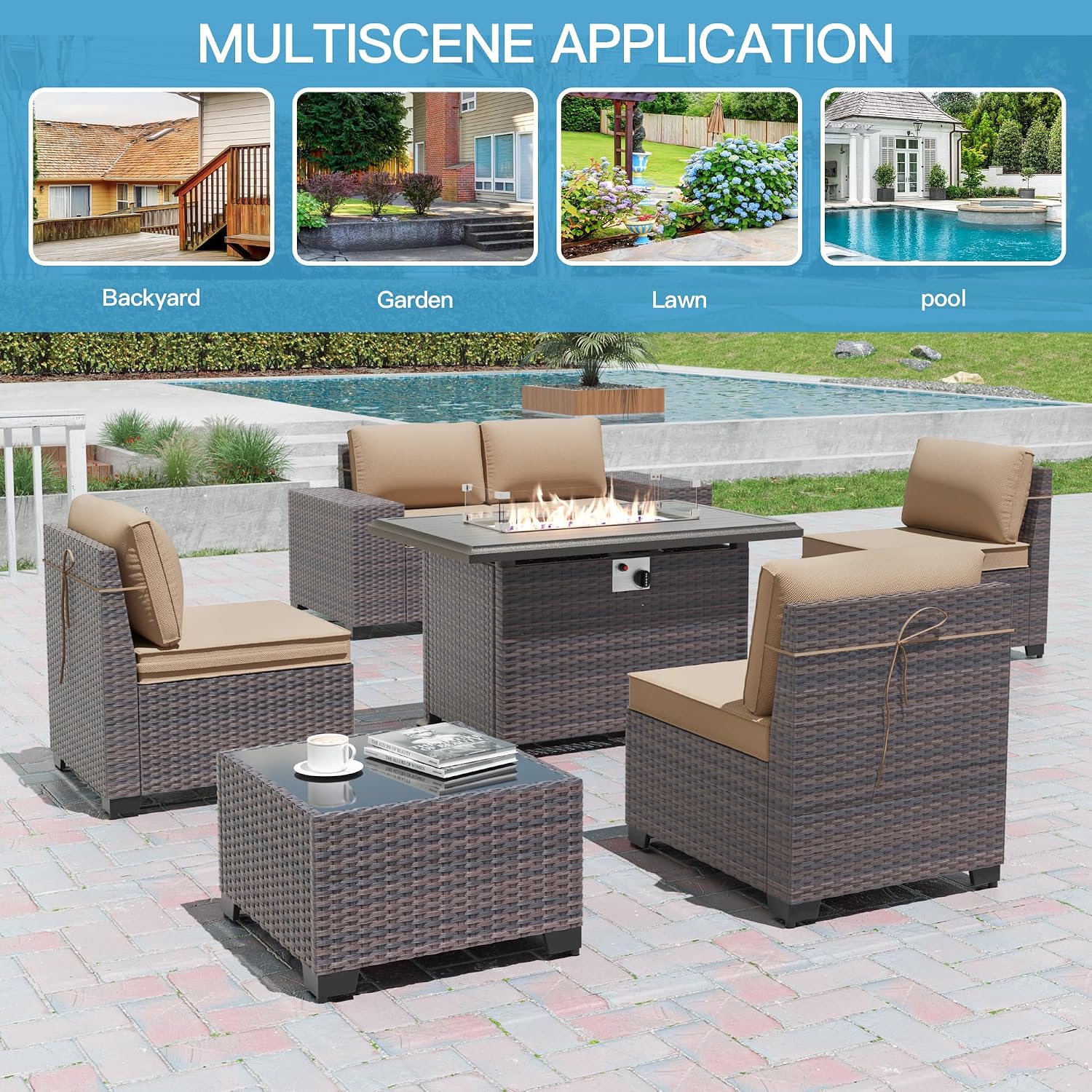 7 Pieces Outdoor Patio Furniture Set with 43'/55000BTU Gas Fire Pit Table,PE Rattan Wicker Outdoor Conversation Sofa Set Non-Slip Cushions Waterproof Covers for Backyard,Poolside,Garden,Sand