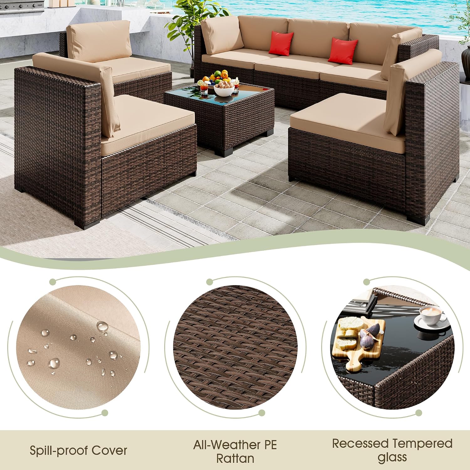 LHBcraft 7 Piece Outdoor Patio Furniture Set, Wicker Hand-Woven Patio Furniture Set Outdoor Patio Sectional Sofa for Backyard Rattan Seating with Beige Cushion
