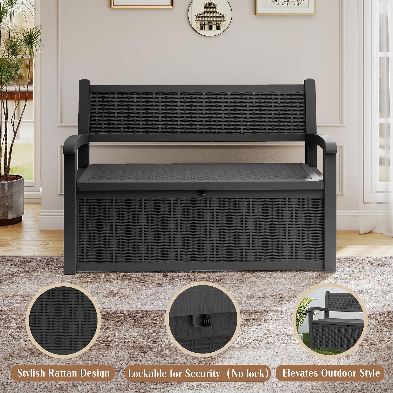 ROJIK 80 Gallon Storage Bench Deck Box Outdoor with Armrests, Resin Storage Furniture Waterproof Lockable for Porch Patio and Garden,Sturdy and Durable, Black
