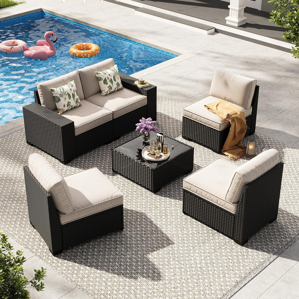 6-Piece Outdoor Patio Furniture Set, Modular Wicker Sectional Sofa with Thick Cushions & Coffee Table, All-Weather Rattan Conversation Set for Backyard, Porch, Poolside, Beige