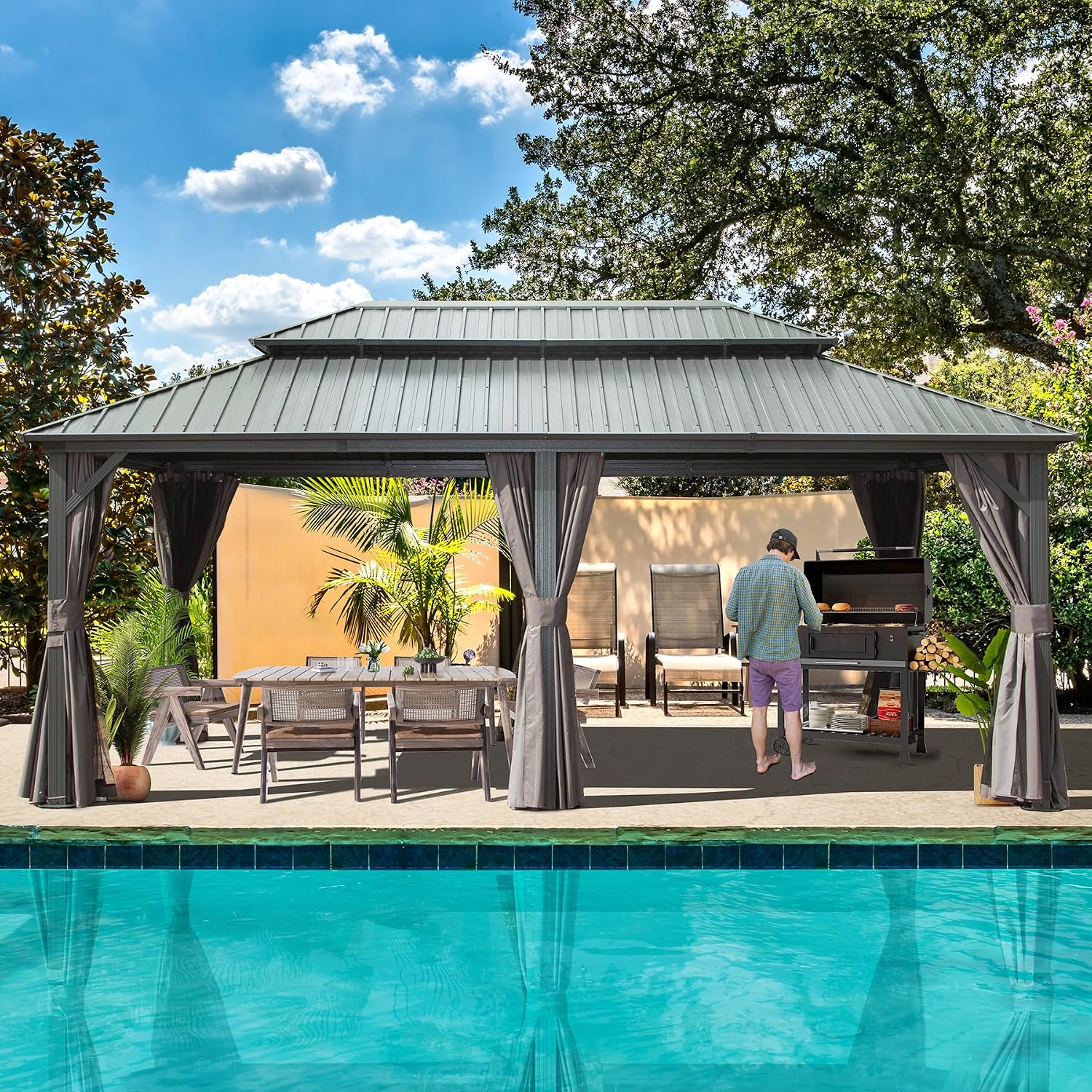 Domi 12x18FT Outdoor Gazebo, Patio Gazebo with Galvanized Steel, Hardtop Gazbo for Patio, Deck, Backyard, Curtain and Netting Included