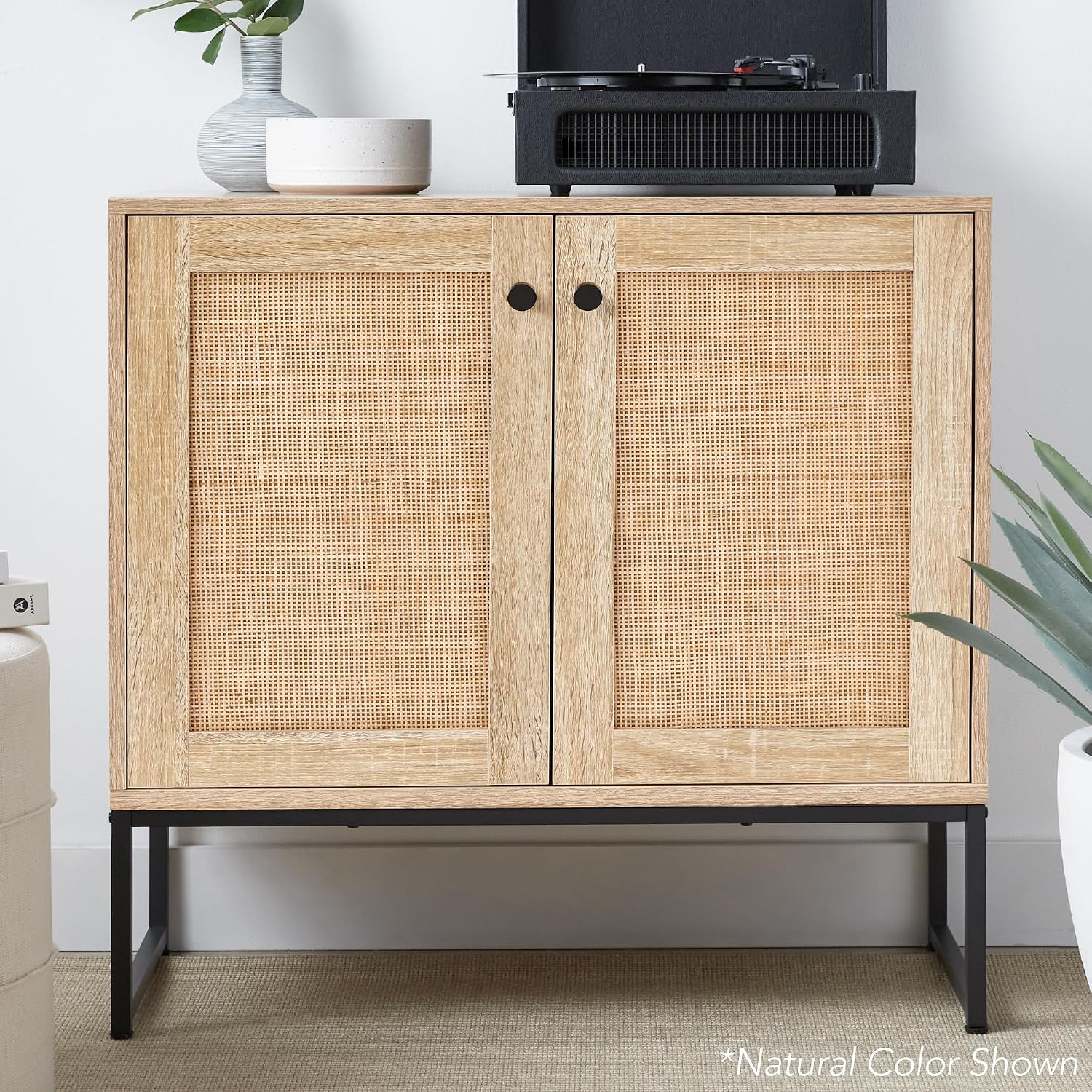 Best Choice Products 2-Door Rattan Storage Cabinet, Accent Furniture, Multifunctional Cupboard for Living Room, Hallway, Kitchen, Sideboard, Buffet Table w/Non-Scratch Foot Pads - Black