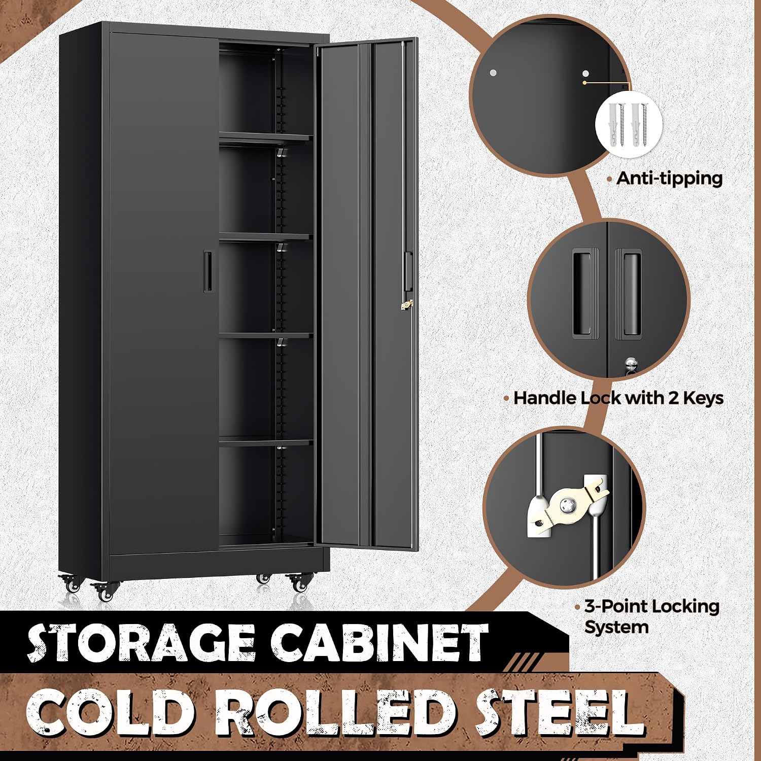 INTERGREAT73 Garage Storage Cabinet with Wheels, Rolling Metal Storage Cabinet with Locking Doors and 4 Adjustable Shelves,- 73' Steel Tool Cabinet for Home Office,Garage,Warehouse，Black