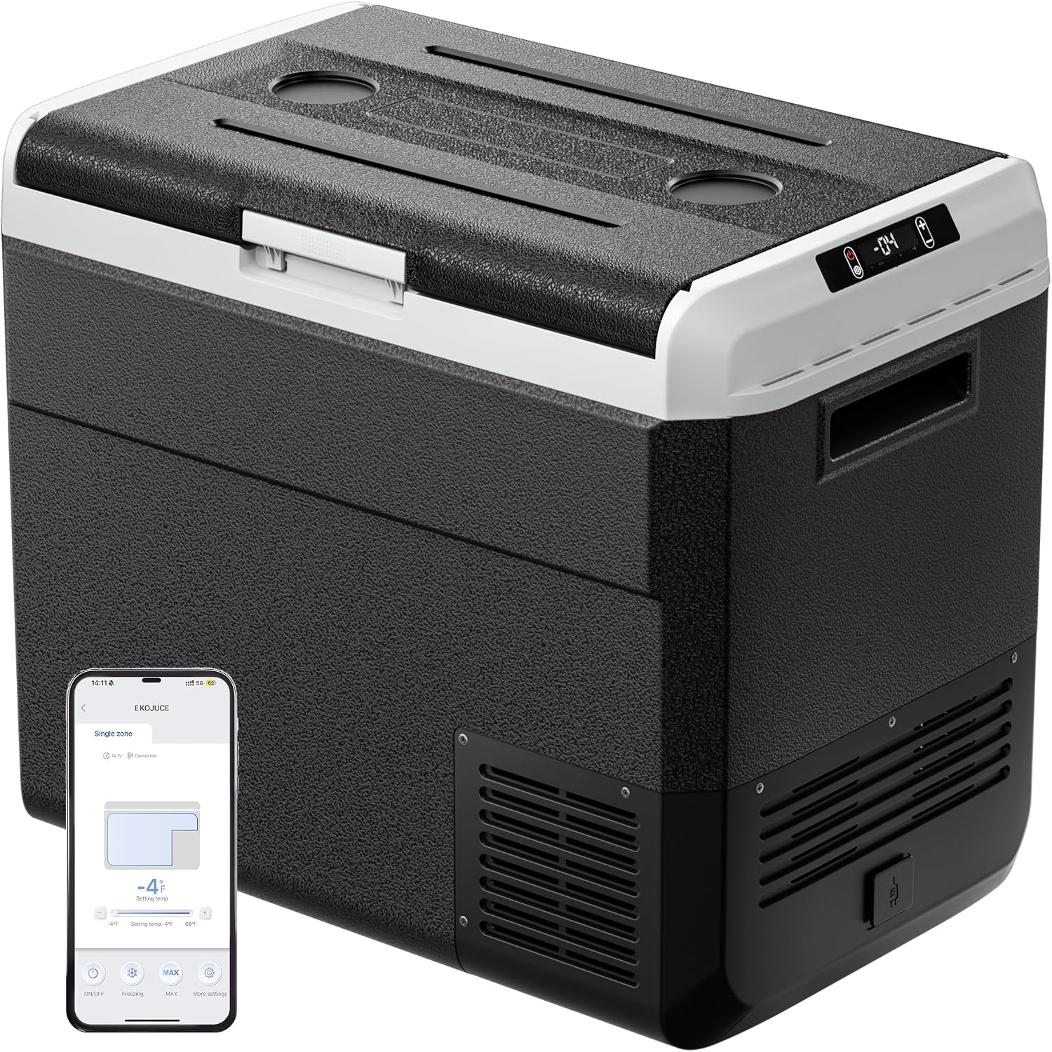 EKOJUCE 12 Volt Refrigerator, 64 Quart Electric Cooler, Car Fridge 12V/24V DC 100~240V AC, Portable Freezer -4℉~68℉, APP Control, Portable 12V Refrigerator Fridge for Truck, RV, Camping,Travel