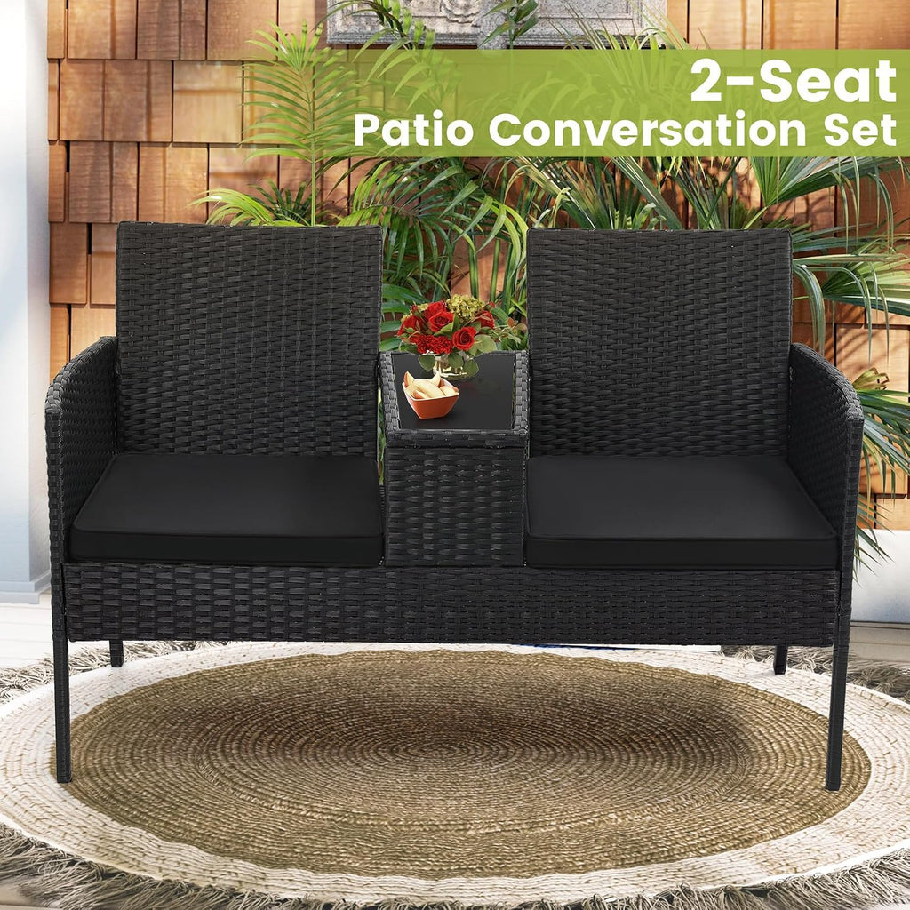 Kromax Wicker 2 Seat Patio Loveseat, Outdoor Rattan Loveseat with Table, Washable Cushion Covers, Backyard, Garden, Lawn, Black Rattan with Black Cushion