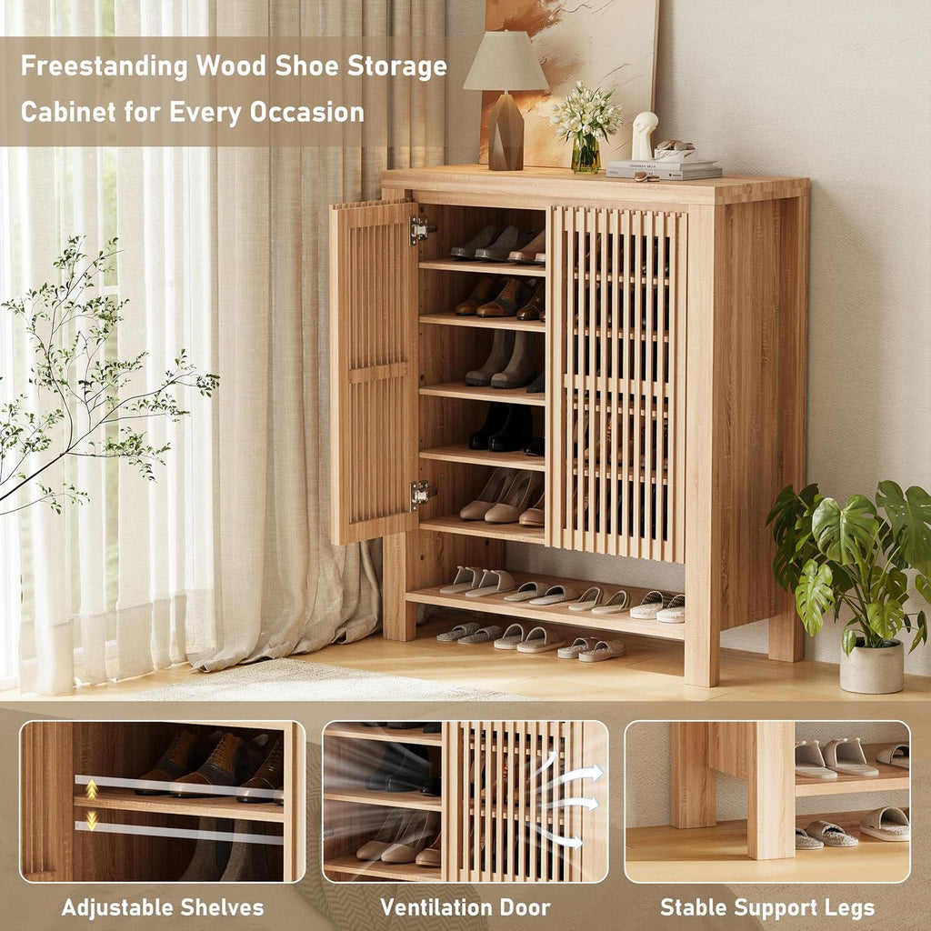 INNOD 43' Tall Shoe Storage Cabinet with Doors, 8-Tier Entryway Shoe Cabinet with Adjustable Shelves, Modern Freestanding Shoes Rack Organizer Cabinet for Entryway Hallway Front Door